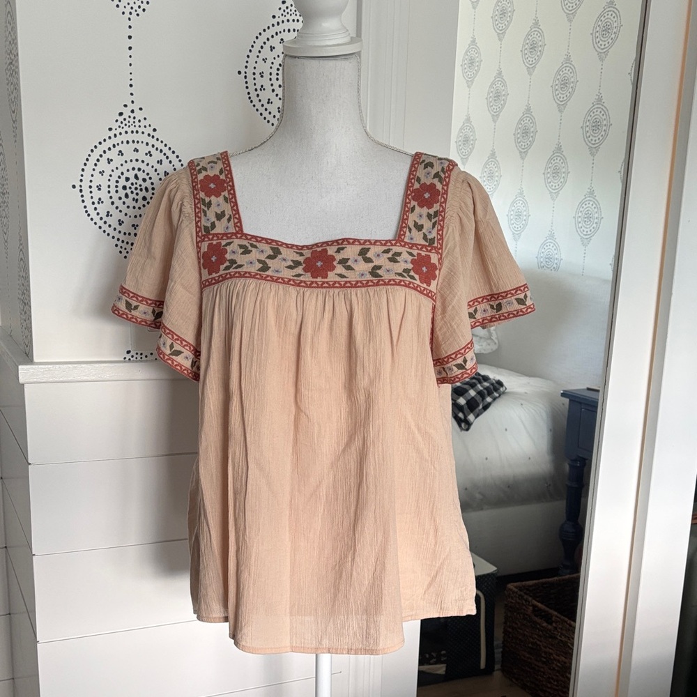 Madewell Beige Blouse with Red Embroidery